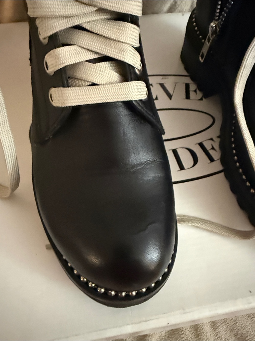 Steve Madden Jeane Black Leather Combat Boots with Cream Laces - Picture 10 of 10